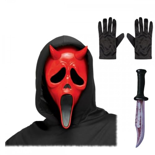 Adult Unisex DEVIL Face Mask with Hood + Black Gloves + Bloody Blade : Halloween Fancy Dress Accessory Set