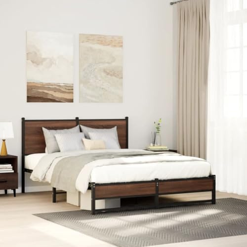 Kaloriko Metallbett Braun Eichen-Optik, 137x190 cm Bettgestell mit Lattenrost, Robustes Stahl Doppelbett, stabiles Plattformbett für Schlafzimmer, zusätzlichem Stauraum