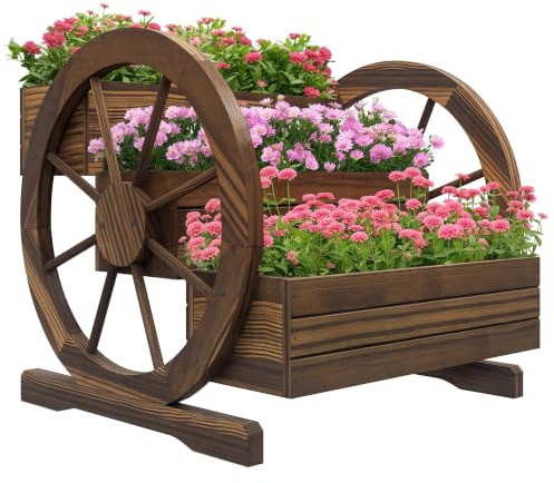 Outsunny Letto per Orto Rialzato da Esterno 62x61x57 cm Carbonizzato | 3 Livelli, Fioriera con Ruote Decorative, in Legno di Abete, Fori di Drenaggio, per Verdure Fiori, per Balcone Patio