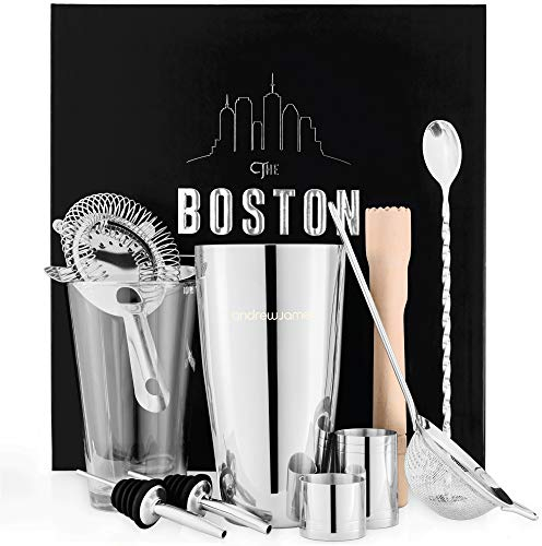 Andrew James Boston Cocktail Shaker Set – Stainless Steel Cocktail Set with 10 Cocktail Accessories, Cocktail Shaker Set & Mocktail Kit with Gift Box – Cocktail Mixer Set & Bartender Tools
