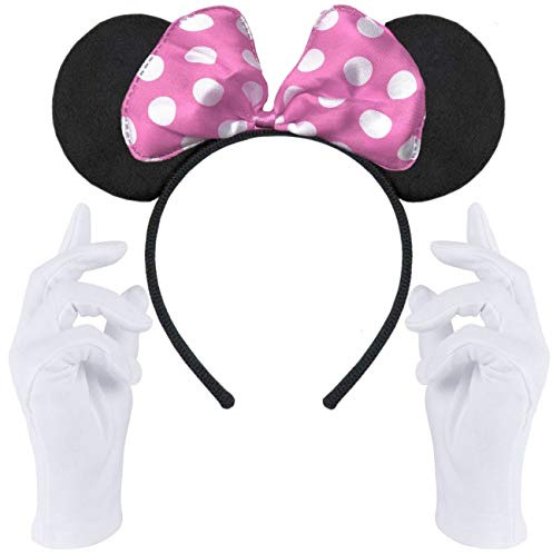 Haarreifen in schwarz mit Maus Ohren + weiße Handschuhe | Haarschmuck für Kinder & Erwachsene | Kostüm Accessoire für Fasching & Karneval