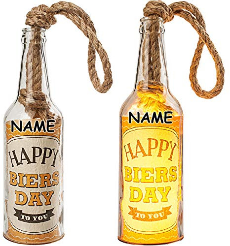 alles-meine.de GmbH Glas - Lichterflasche - 6 Stück LED Happy Biers Day to You inkl. Name - LICHT Dekoflasche/Flasche/Bierflasche - 25 cm - Batterie betrieben - warmweiß ..
