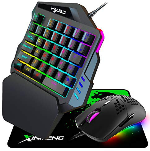 Wired gaming keyboard mouse combo, 3 in 1, One-Handed Gaming Keyboard Rainbow Backlight Multimedia Function Key with Palm Rest+ 6 RGB Backlit Lightweight 6400 DPI Programmable Mouse + Mouse Pad