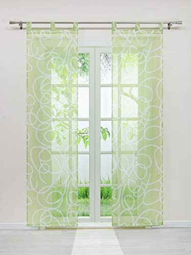 Delien Voile Schiebegardinen Flächenvorhänge mit Allover-Druck Transparenter Gardine mit Schlaufen Wohnzimmer Fensterschals inkl. Beschwerungsstange (2er-Pack, je H/B: 245/57 cm),Grün