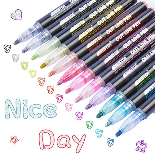 Double Line Outline Pens 12 Colours Shimmer Metallic Markers Glitter Pens for Painting DIY Art Craft Scrap Booking Posters Doodle Dazzle Writing Drawing Pen for Birthday Greeting Festival Gift Card