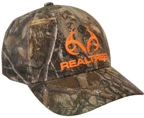 Realtree Edge Blaze Logo Camo Mesh Trucker Cap Hat Snapback Wicking Sweatband Structured Mid-Profile Precurved Visor Camouflage Cap, One Size-L (RT Custom Cap-1169)