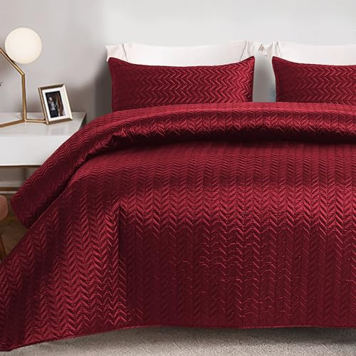 Whale Flotilla Silky Soft Satin Quilts Queen Size, Luxury Reversible Lightweight Bedspreads Covelets for All Seasons, Leaf Stitched Pattern Bedding Set with Satin Pillowcases, Red