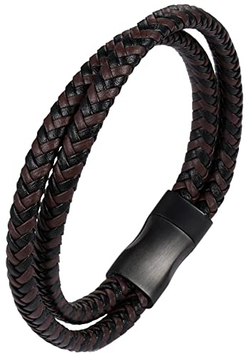 JewelryWe Schmuck Lederarmband Herren Edelstahl Fahrradkette Motorradkette Geflochten Leder Armband Freimaurer/Pharaos/Totenkopf/Motorrad Armreif Geschenk für Männer