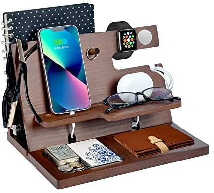 Geschenke für Männer Weihnachten Holz Telefon Dockingstation Uhren Geldbörsen Nachttisch Organizer Geburtstag Geschenk Papa, Geburtstagsgeschenke für Männer oder Vater Schreibtisch Organizer Holz