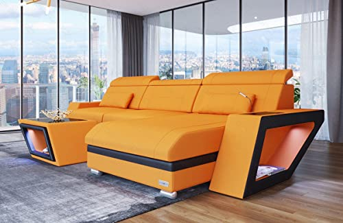 Sofa Catania Ecksofa - mit LED Beleuchtung, verstellbare Kopfstützen, Ottomane/Mikrofaser/Ausrichtung wählbar (Ottomane rechts, Schwarz-Orange)