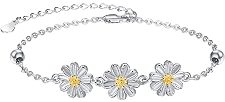 KINGWHYTE Armband Gänseblümchen 925 Silber Daisy Bracelet Einstellbar Armband Damen mit Gänseblümchen Daisy Schmuck Geschenke für Frauen Mädchen