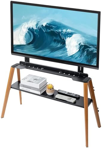 MyGift Modern TV Stand with Shelf for Flat Screens, Minimalist Metal and Beech Wood Television Mount Stand, Holds up to 75 Inches
