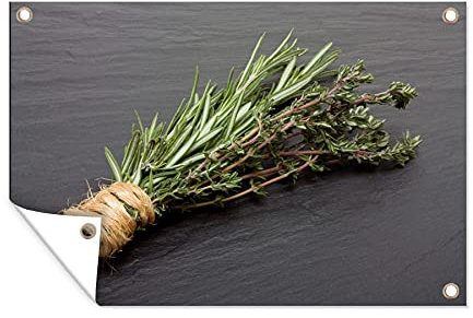 MuchoWow Outdoor-Poster Poster Wanddeko draußen Deko Garten Gartenposter 90x60 cm Thymian - Kräuter - Grün - Tisch - Küche - Stein