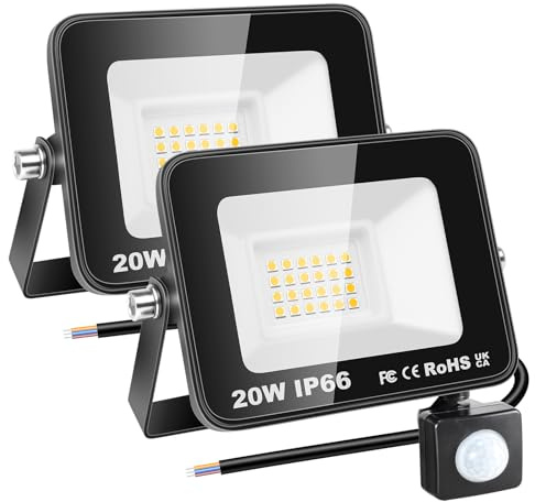 RIGIDON 2 st PIR-rörelsesensor Utomhussäkerhetsljus, 20W 2000 lumen utanför LED-strålkastare, dagsljus Varmvit vägglampa för trädgårdsgarage Bakgård Uteplatshus Dörröppning, IP66 Vattentät 3000K