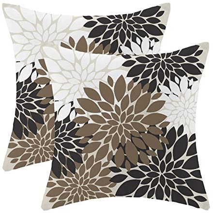 Braune schwarze Kissenbezüge, 50,8 x 50,8 cm, 2 Stück, elegant, bunt, Dahlie, dekorative Outdoor-Kissen, Leinen, weiß, geometrische Blume, moderner Stil, Kissenbezüge für Sofa, Couch,
