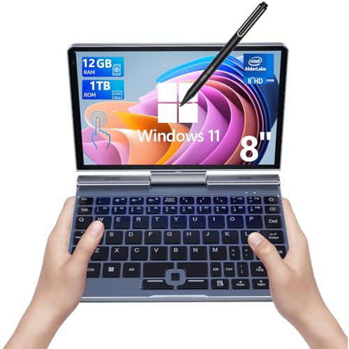Mini computer portatile da 8 pollici, con touch screen HD, Win11 Pro, N100, 4 core, 2 in 1, Pocket PC da 12 GB LPDDR5 RAM 1 TB M.2 SSD, Gigabit | Wi-Fi 6 | BT5.2 | Fotocamera da 2 MP | G-Sensor