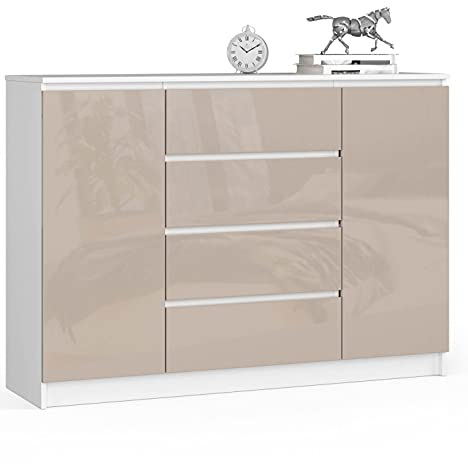 AKORD Kommode K 140 cm | 4 Schubladen 2 Türen | zum Wohnzimmer Schlafzimmer Arbeitszimmer | Modernes funktionales Design | MDF-Platte mit Acrylbeschichtung | Farbe Weiß-Cappuccino-Glanz