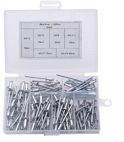 120-teiliges Blindnieten-Set, Zugkern, Aluminium-Nieten, robustes Nietenset, Blindnietensortiment M3,2 x 7/9/11 mm, M4 x 8/10/13 mm