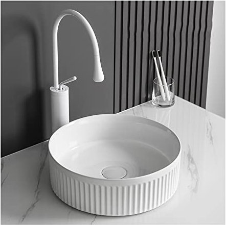 Aufsatz-Waschschale 14 weißes, rundes Badezimmer-Waschbecken, modernes Waschbecken über der Theke, Porzellan-Keramik-Waschbecken, Kunstwaschbecken mit Wasserhahn, Waschbecken for Badezimmer Waschtisc