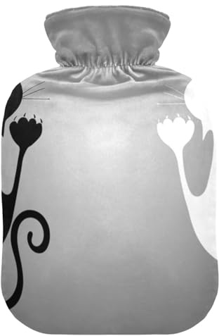 So Cute Wärmflasche mit schwarzer Katze und weißem Bezug, weich, warm für Winter, Bett, Hand, Hals und Schultern, 1 l