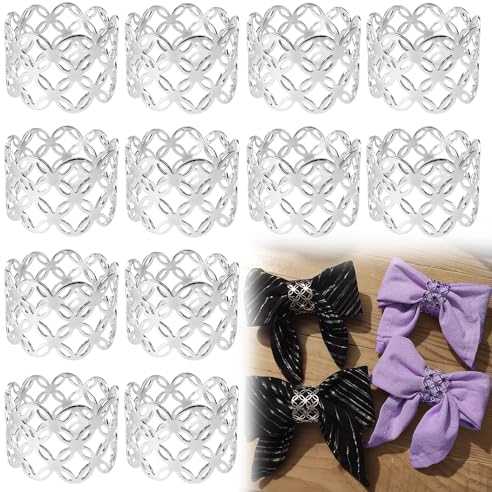 12 Pcs Napkin Rings, Silver Napkin Buckle Holder Napkin Holders Rings Hollow Design for Wedding Party Birthday Anniversary Dinner Table Decoration