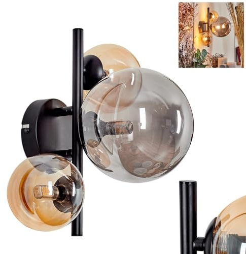 Wandleuchte Chehalis, Wandlampe aus Metall/Glas in Schwarz/Bernstein/Rauch, Leuchte im Retro/Vintage-Design mit Schirmen aus Glas (Ø 10, 15 cm) u. An/-Auschalter am Gehäuse, 3 x G9, ohne Leuchtmittel