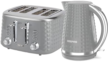Geepas 4 Slice Bread Toaster & 1.7L Cordless Electric Kettle Combo Set with Textured Design – 1750W Toastie Machine with 7 Browning Control - 2200W Kettle with Auto Shut Off & Boil Dry Sensor - Grey