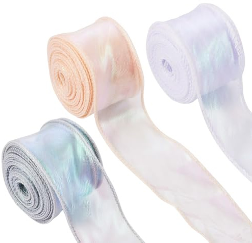 Cheriswelry Organzaband, Regenbogenfarben, schillernd, Hochzeit, Dekoration, Feier, einfarbig, 40–43 mm breit, 0,5 mm dick, 9,1 m pro Rolle, 3 Farben, 3 Rollen, 3 Rollen
