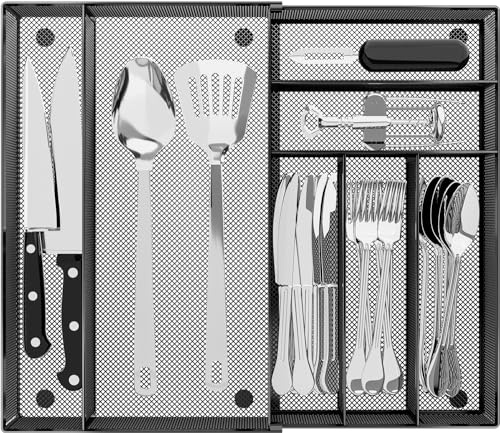 Expandable Cutlery Drawer Organiser - Utensil Trays for Kitchen Drawers, Adjustable Silverware and Flatware Holder, Large Steel Mesh Storage Organiser for Spoons Forks Knives, Black