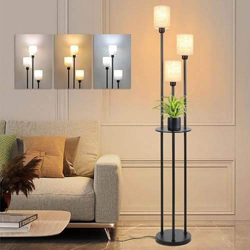 Winverty Stehleuchte Wohnzimmer 3-flammig mit Regal, Leinen Vintage E27