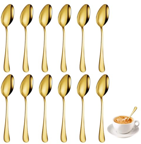 12 Pièces Cuillère à Café, 13.6cm Cuillere a Dessert en Acier Inoxydable, Cuill Res Dorees, Petite Cuillere, Petite CuillèRe à Dessert, Golden Spoon Set pour Maison, Restaurant, Hôtel, Mariage, Fête