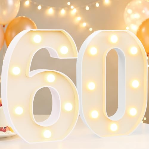 8.8 Decorative LED Light Up Marquee Numbers for 60th Birthday Decorations, Lighted Number Sign for Party Night Lights, White 60