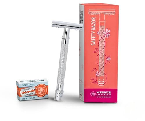 MERKUR 24C Rasierhobel für Damen mit 10 zweischneidigen Klingen | extra langer Griff | Dreiteiliger Rasierer | gerader Schnitt | helles Chrom-Finish | Made in Germany