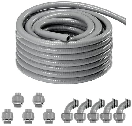 VEVOR 1/2-Inch Flexible Electrical Conduit, 100 ft, PVC Liquid-Tight Conduit Non-Metallic with 5 Straight and 5 90-Degree Conduit Connector Fittings, for Air Conditioning Motor Controller Pump, IP65