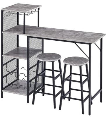 Rainbow Tree 3Pcs Bar Table and Stools Set, Kitchen Breakfast Bar Table and Chairs Set 2 with Cup Holder and Wine Rack, Bar Table Sets Furniture for Kitchen, Dining Room, Pub, Cafe, (Grey Marble)
