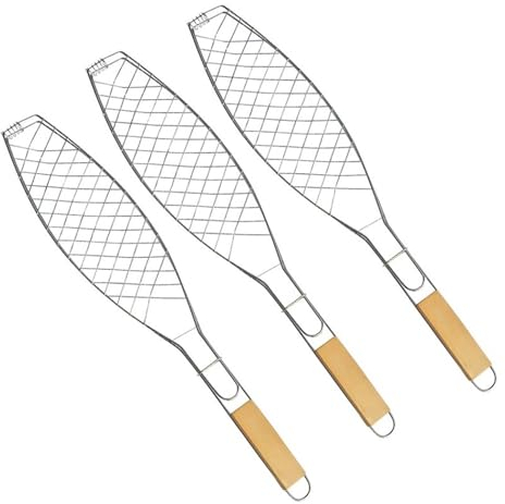 Bayli 3er Set Fischbräter 36x15 cm Fischgriller mit Holzgriff Fischkorb Grill Fischhalter Grillzange Fischgrillzange für Fisch Garnelen Gemüse BBQ Grillzubehör