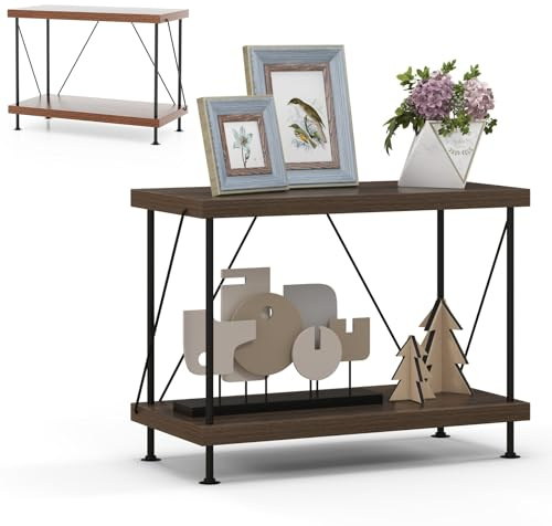 HOMASIS Bücherregal, Vintage Standregal, freistehendes Regal aus Metall & Holz, Aufbewahrungsregal Walnuss, Lagerregal Ausstellungsregal Leiterregal für Wohnzimmer, Schlafzimmer, Büro (2 Ebenen)