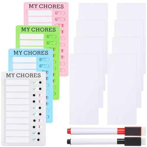 4 x My Chores Checklisten-Tafeln, personalisierte Memoboards, abnehmbare Aufgabentafeln mit Schieber, Planer-Aufgabentafeln mit 2 Markerstiften und 8 Ersatzkartons
