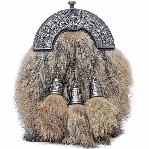 Falda escocesa escocés con piel marrón y cardo plateado envejecido, accesorio formal tradicional de las tierras altas para hombre, cinturón de cuero Sporrans, Negro, 23cm X 18cm