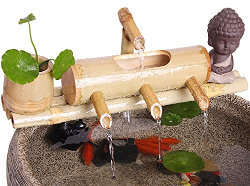 MRKU Fontana d'Acqua Accents con Pompa, Tre uscite d'Acqua, Decorazione per Fontana Giapponese in bambù, Fontana Fai da Te in bambù per Giardino Zen, 55 cm