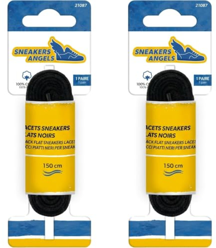 Sneakers Angels - Lacets Plats Sneakers– Noir – 150 cm – 100% Coton – Homme, Femme – Idéal Pour Tous Types De Baskets – Résistants, Confortables, Faciles À Nouer – Accessoire Chaussures - Lot 2 Paires