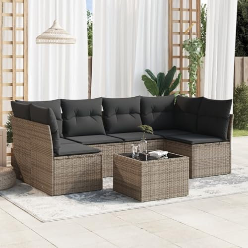 Brokky 7-TLG. Garten-Sofagarnitur mit Kissen Gartengarnitur Set Lounge MöBel Outdoor LoungemöBel Balkon Grau Poly Rattan / 3217400