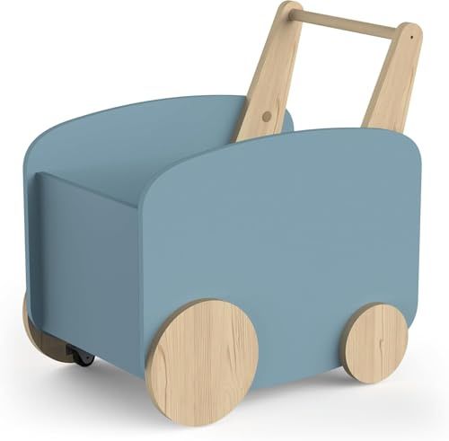 habeig Lauflernwagen, Spieltruhe, Spielzeugbox für Kinderzimmer, MDF & Echtholz, 50x53x35 cm, Rollbar, (Blau/Holz) 163