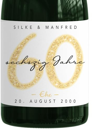 Sektetiketten personalisiert zur Diamantenen Hochzeit als Geschenk | Personalisiert, selbstklebende Etiketten, Jubiläum 60 Jahre, Geschenk zum Hochzeitstag, für Sektflaschen