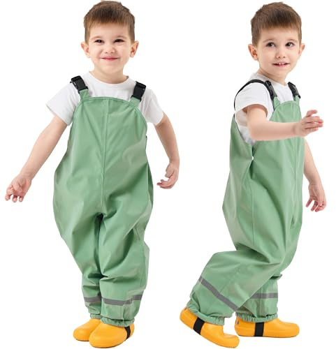 Kids Rain Bib Pants, Toddlers Waterproof Suspender Dirty Proof Rain Wear Green