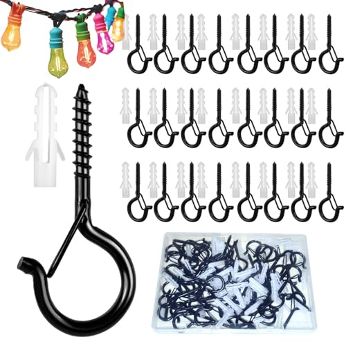 Uni-Fine 50 Pack 55 * 4mm Screw Hooks Outdoor for Light Eye Hooks Screw in Cup Wall Cabinet Ceiling with Safety Buckles Q-Hanger for Plants Christmas Outdoor String Lights