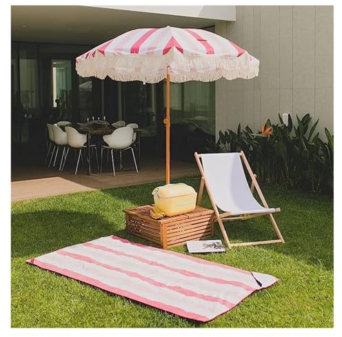 YNZUNMY Beach Umbrella, Fringed Parasol Umbrella 2m Luxury Beach Patio Umbrella Outdoor UV Protection With Ground Spike Printed Tassel For Garden Camping(Pink and White Strip)