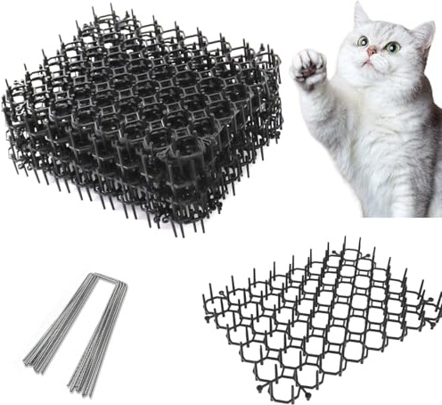 12pcs 20x15.5cm Anti Cat Spikes Scat Mat with Plastic Prickle Strips, Pet Digging Deterrent Cat Repellent Mat for Garden, Fence, Indoor Outdoor Use – Includes 8 U-Shaped Pegs