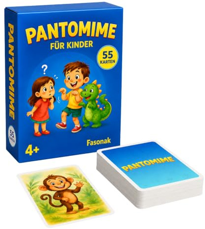 Fasonak Pantomime Spiel für Kinder ab 4 Jahren – 55 Karten Ratespiel | Lustiges Familienspiel & Scharade – Indoor & Outdoor – Geschenk für Mädchen & Jungen – Kindergeburtstag