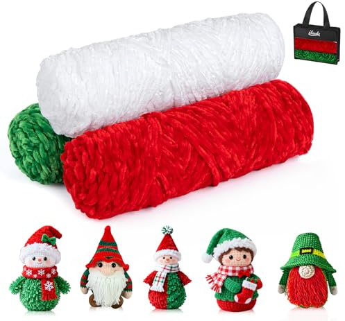 ilauke Chenille Yarn Chunky 3x100g, Soft Velvet Yarn, Super Chunky Chenille Wool (Red, White, Green) with Handbag for Christmas Clothes Blankets Bags DIY
